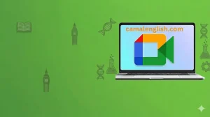 Interactive online English classes for kids on camalenglish.com featuring students learning with tablets and educational icons.