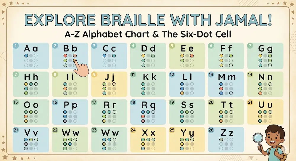Colorful Braille alphabet chart for children featuring A to Z letters with six-dot cells and Jamal the explorer character.