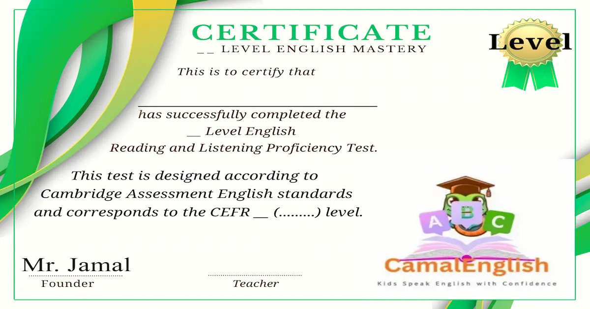Specimen of online English language course completion certificate with level options by CamalEnglish platform.