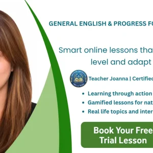 Promotional web banner for CamalEnglish featuring a portrait of Teacher Joanna, a certified TEFL & TESOL instructor, with the text "Smart online lessons that find your child's level and adapt to them" and a "Book Your Free Trial Lesson" button.