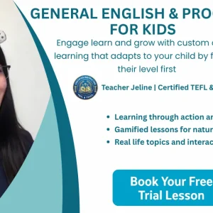 Teacher Jeline holding a TEFL and TESOL certified instructor badge on CamalEnglish online learning platform